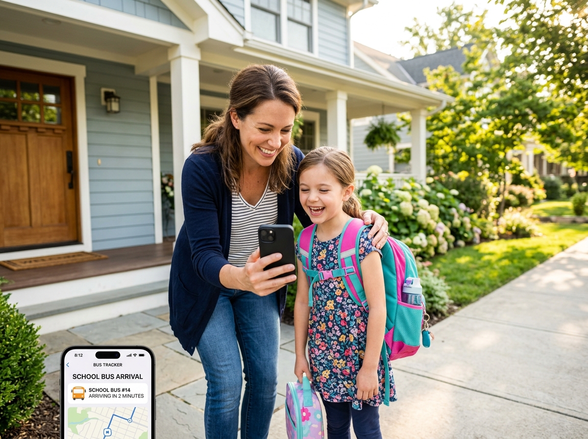Mother and student receiving live bus updates on mobile phone