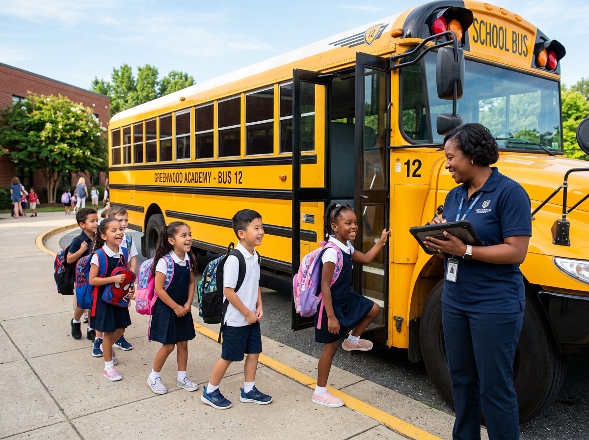 Students safely boarding school bus with attendance check