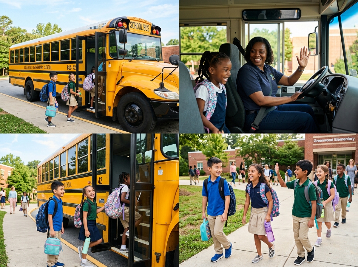 Modern school bus fleet with students and driver ready for morning route