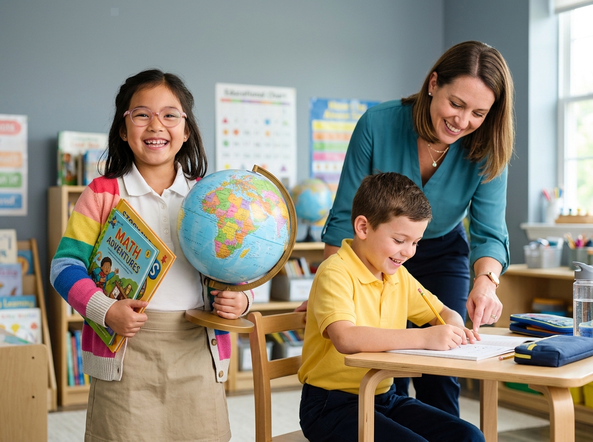 Teacher and cheerful elementary students with safety transit passes and books